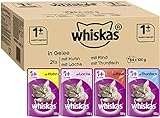 Whiskas 1 + Katzenfutter – Gemischte Auswahl in Gelee – Hochwertiges Feuchtfutter für ausgewachsene Katzen – 84 Portionsbeutel à 100g
