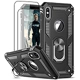 LeYi Hülle für iPhone X Handyhülle iPhone XS mit Panzerglas Schutzfolie(2 Stück),360 Grad Ring Halter Militärische Rüstung Handy Hüllen Stoßfest Cover Schutzhülle Case für iPhone 10/XS Schw