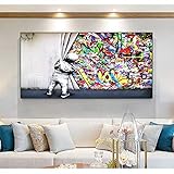 Kids Behind the Curtain Graffiti Art Painting on Canvas Posters and Prints Street Wall Picture for Living Room Decor 50x100cm(20x39in) Rahmenlos