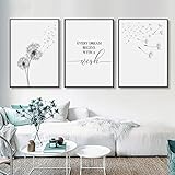 Trayosin 3er Poster Set Wohnzimmer - Aesthetic Blume Schwarz Weiß Bilder Deko Schlafzimmer - Pusteblume Leinwand Stilvolle Wandbilder - ohne Bilderrahmen (30x40cm)