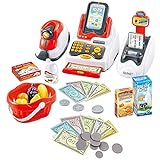 deAO Spielset- Supermarktkasse mit Scanner, Kreditkarte, Spielzeuglebensmittel, Spielgeld und Einkaufskorb
