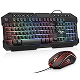 BAKTH Gaming Tastatur und Maus Set, LED Hintergrundbeleuchtung QWERTZ DE Layout, Regenbogen Farben Beleuchtete USB Wasserdicht Tastatur und Maus mit 3600 DPI für Pro PC Gamer