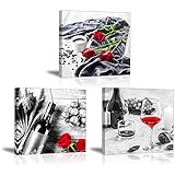 Piy Painting Kunstdruck auf Leinwand - Leinwanddrucke Rotwein und Rosen - Deko Bilder auf Leinwand Romantischer Stil, Wandkunst für Zuhause Büro Geschenk 30x30cm 3S