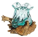 Geschenk-Idee Dekoration Wohnung Gamal Wurzel-Holz Glas-Vase Teakholz Handarbeit Vase (Ø Glas 12-14 cm Pott M)
