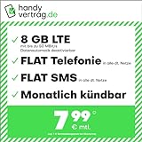 handyvertrag.de LTE All 8 GB - monatlich kündbar (Flat Internet 8 GB LTE mit max. 50 MBit/s mit deaktivierbarer Datenautomatik, Flat Telefonie, Flat SMS und EU-Ausland, 7,99 Euro/Monat)