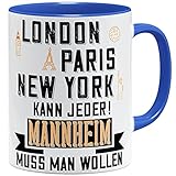 OM3® Mannheim Tasse mit Stadtnamen Städtetasse | Keramik Becher | 11oz 325ml | Beidseitig Bedruckt | Royalblau