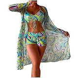 Saymany 3-teilige Anzüge für Damen Badeanzüge Bikini-Sets mit Cover-Ups Strickjacken Damen hawaiianische Bademode Blumendruck rückenfreier Bikini-Badeanzug Bademode-Set Strandp