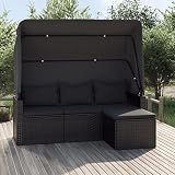 Yolola Gartensofa mit Dach und Fußhocker Gartensofa 3 Sitzer Rattan Sofa Balkonmöbel Lounge Sofa Outdoor Balkonsofa Sonnenliege Gartenmöbel Sonneninsel Lounge Gartenbank Gartenbett Schw