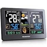 Newentor Wetterstation Funk mit Außensensor - Funkwetterstation mit Wettervorhersage, Temperaturwarnung, DCF Funkuhr - Batteriebetrieb und Netzbetrieb, Schw