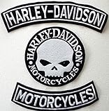 Generico, Set mit 3 großen silberfarbenen Aufnähern in Bogenform mit den Schriftzügen Harley Davidson + Motorcycles + 1 Totenkopf
