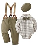 Amissz Baby Jungen Anzug Bekleidungssets, 4tlg Hochzeit Festliche Taufanzug Strampler mit Fliege+ Langarm Hemd + Hosenträger Hosen Grün, 3-6 Monate