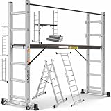 Masko® Baugerüst Alugerüst Gerüst 𝟰𝗶𝗻𝟭✓ Anlegeleiter ✓ Bockeiter ✓ Arbeitsgerüst ✓ treppenleiter✓ Arbeitsbühne | bis 150 KG belastbar | Anti-Rutsch beschichtet | Gerüstleiter | GS geprüft (EN 131)