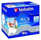 Verbatim BD-R Single Layer Blu-ray Rohlinge, 25 GB, Blu-ray-Disc mit 6-facher Schreibgeschwindigkeit, 10er-Pack, großflächig bedruckbar, Blu-ray-Disks für Video- und Audiodateien