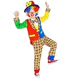 dressforfun Kinder-Teenkostüm Clown Sockenschuss | Buntes, wundervolles Kostüm | inkl. Schlapphut mit Blumen-Applikation (7-8 Jahre | Nr. 300802)