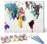 Malen nach Zahlen Kit für Erwachsene und Kinder Kinder Anfänger Farbe der Weltkarte  Diy vorgedruckte Leinwand mit 4 Pinseln Acrylfarbe Home Art Dekoration 16 * 20inch