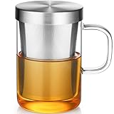 ecooe 500ml(volle Kapazität) Glas Tasse mit Silberne Edelstahl Sieb und Deckel Teeglas Teebecher aus Borosilikat Teetasse