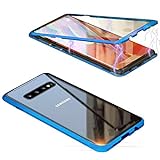 Jonwelsy Hülle für Samsung Galaxy S10, Magnetische Adsorption Metall Stoßstange Flip Cover mit 360 Grad Schutz Doppelte Seiten Transparent Gehärtetes Glas Handyhülle für Samsung S10 (Blau)