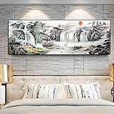 Moderne aufgehende Sonne Wasserfall im chinesischen Stil gerahmte Leinwand Malerei Poster und Druck Wandkunst Bild für Heimtextilien 70x210cm (28x83in) mit Rahmen