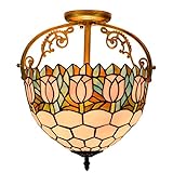 DALUXE Tulpe Deckenleuchte Im Tiffany-Stil Unterputz-Deckenleuchte Mediterraner Handgefertigter Buntglasschirm Für Wohnzimmer Esszimmer Flur Loft