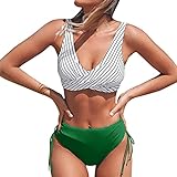 Bikini Damen Push Up High Waist Vintage Badeanzug zweiteilig Retro Halter Geraffte Wickelfront hohe Taille bedrucktes Bikini Set
