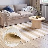 MY-RUG Chindi Teppich Aarav 140 x 200 cm - Beige Weiß gestreift, handgewebt, recycelte Baumwolle als Flickenteppich und Wendeteppich, moderner Kelim Teppich