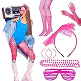 LOPOTIN 6TLG 80er Jahre Kostüm Zubehör 90er Stirnband Neon Damen Outfit 90er Kleidung Accessoires 1980s Fluoreszierendes Rosa Ohrringe Netzhandschuhe für Damen Herren Mädchen Jungen Karneval Fasching