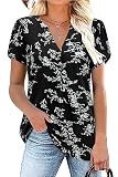 Siddhe Damen Bluse Elegant Festlich, Sommerbluse Damen Leicht Elegante Longshirt Baumwolle Tunika Sommer Kleidung für Damen V-Ausschnitt Arbeitsblusen Damen Oberteile Sommer Tunika Damen Blummen, XXL