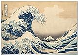 Panorama Leinwand Bild Hokusai Die große Welle Kanagawa 70x50cm - Gedruckt auf qualitativ hochwertigem Leinwand - Wandbild Wohnzimmer - Leinwand Schlafzimmer - Bilder Japanisch Vintage - Deko Hause