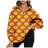 Damen Casual Mode Langarm Halloween Print Oversize Reißverschluss Sweatshirt Top, Orange, Small