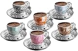 Kaffeetasse Untertassen Set für 6 Personen 4 OZ griechischer Kaffee Espresso Damen Herren Geschenk Einweihungsparty Hochzeit (Silber)