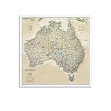 JONZA Karte Poster Ozeanien Australien Vintage Karte Dekorative Malerei Leinwand Wand und Kunst Bild Familie Schlafzimmer Dekor 30 x 30 cm