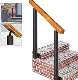 Außentreppe mit 2 Schmiedeeisernen Pfosten, Holzils für 1 3 Stufen, Eingangstreppe, Geländer, 1,4 m, Holz, 95 cm Hö