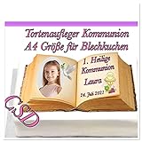 CSD Tortenaufleger Kommunion, mit Foto/Text, personalisiert, Zuckerpapier Tortenbild, Geburtstag,Fototorte
