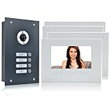 MATHFEL 2 Draht 4 Familienhaus Türsprechanlage Gegensprechanlage Fischaugenkamera 170°, Farbe: Anthrazit, 4x7'' Monitor weiß Außenstation E