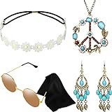 Hippie Kostüm Set mit Sonnenbrille, Stirnband, Friedenszeichen Halskette und Ohrring (Türkisfarbener Stil)