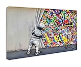 Wandbilder Bilder Banksy like - Junge hinter dem Vorhang - Wandbild auf Leinwand, hochwertige Streetart graffiti Kunstdruck I Wanddekoration XXl fertig zum Aufhängen (60x80 cm)