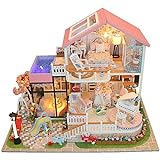 YCX Puppenhaus Bausatz DIY Puppenhaus Miniatur Haus, Holz Selber Bauen Haus Zum Basteln Zubehör Lernspielzeug Spielzeug Kinder,Rosa