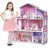 ROBUD Holz Puppenhaus mit Möbeln und Zubehör Mädchen Spielset Puppen Villa Traum Spielzeug Set