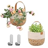 Herefun Blumentopf Hängend, 2er Set Hängende Pflanzenkörbe, Korb Geflochten, Makramee Blumenampel Gewebter Baumwollseil Aufbewahrungskorb mit Lederriemen und Haken zum Aufhängen für Pflanze