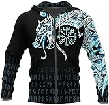 Nordic Dragon Odin Tattoo Viking 3D Gedruckte Hoodies, Herbst Unisex Langarm Sweatshirt Mit Großen Taschen, Futhark Rune Casual T-Shirt (Color : Blue Zipper, Size : 4XL)