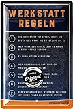 Retro Blechschild Werkstatt Schild - lustige Werkstattregeln für Männer mit den 7 wichtigsten Regeln für die Werkstatt - KFZ Mechaniker Geschenk - vintage Deko Metallschild 20x30cm