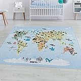 SIMPEX Kinderteppich Weltkarte mit Tierdesign 100 x 150 cm Blau Rechteckig - Kurzflor Teppich Kinderzimmer Spielteppich Antiallergen Extra Weich - Babyzimmer Teppiche Junge und Mädchen Babyteppich