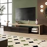 PerGar Moderner TV Schrank, TV Board mit LED Beleuchtung und Hochglänzendes, Praktischer Stauraum, Holzoptik, Glasböden, TV-Lowboard für Wohnzimmer, Esszimmer und Schlafzimmer, Schw
