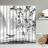 NUEV Chinesische Landschaft Bambusbaum Blume und Vogel Duschvorhang Tinte Badezimmerdekoration wasserdichter Bildschirm mit Haken S.3 200x200cm