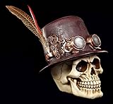 Steampunk Totenkopf Figur mit Hut und Feder - Schädel Skull Totenschädel Gothic Deko