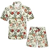 Herren Hawaiihemd Sommer 2-teilig Outfit Herren Hawaii Hemd Kurze Hose Set mit Tropische Druck Sport Set Kurzarm T-Shirts + Kurze Hose Sets Atmungsaktive Lose Freizeitanzug