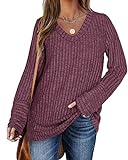 PLOKNRD V-Ausschnitt Pullover Damens Langarm Sweater Soft Comfy Casual Sweatshirt(Lila，M