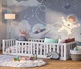 Bellabino Tapi Bodenbett 90 x 200 cm, Montessori Kinderbett aus Kiefer Massivholz inkl. Rausfallschutz und Lattenrost weiß lackiert