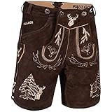 PAULGOS Herren Trachten Lederhose + Träger, Echtes Leder, Kurz in 2 Farben Gr. 44-60 HK5 (Dunkelbraun, 56)