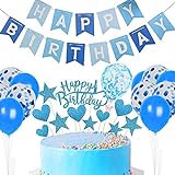 YIIFELL Tortendeko Geburtstag,Happy Birthday Kuchendeko,Happy Birthday Banner, Tortendeko Blau, Cupcake Topper für Erwachsene und Kinder